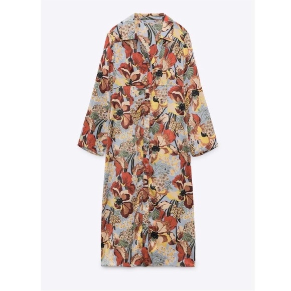 ZARA Blue Silky Satin Floral Printed Long Sleeve Button Down Midi Shirt Dress - Picture 8 of 17